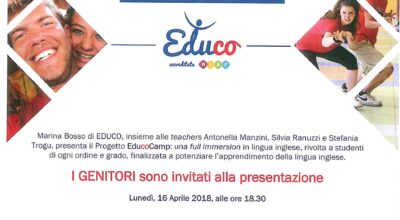 INCONTRO CON I GENITORI LUNEDI’ 16 APRILE 2018 PER LA PRESENTAZIONE DEL PROGETTO ENGLISH CAMPS ANNO 2018