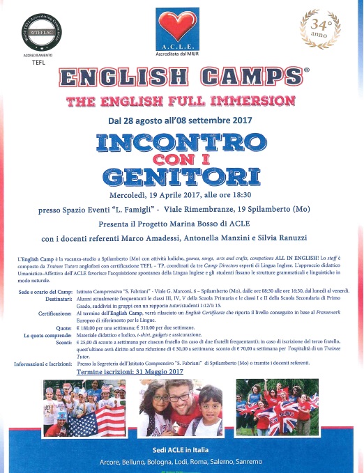 INCONTRO CON I GENITORI MERCOLEDI’ 19 APRILE  PROGETTO ENGLISH CAMPS ANNO 2017