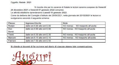 SOSPENSIONE ATTIVITA’ DIDATTICHE VACANZE DI NATALE A.S. 2021/2022