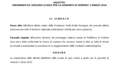 ORDINANZA DEL SINDACO DI SPILAMBERTO DI SOSPENSIONE DELLE ATTIVITA’ DIDATTICHE PER VENERDI’ 2 MARZO 2018