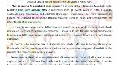 DOMENICA 5 MARZO 2017 MALATTIE RARE – LA RICERCA: UNA SPERANZA PER MILIONI DI PERSONE
